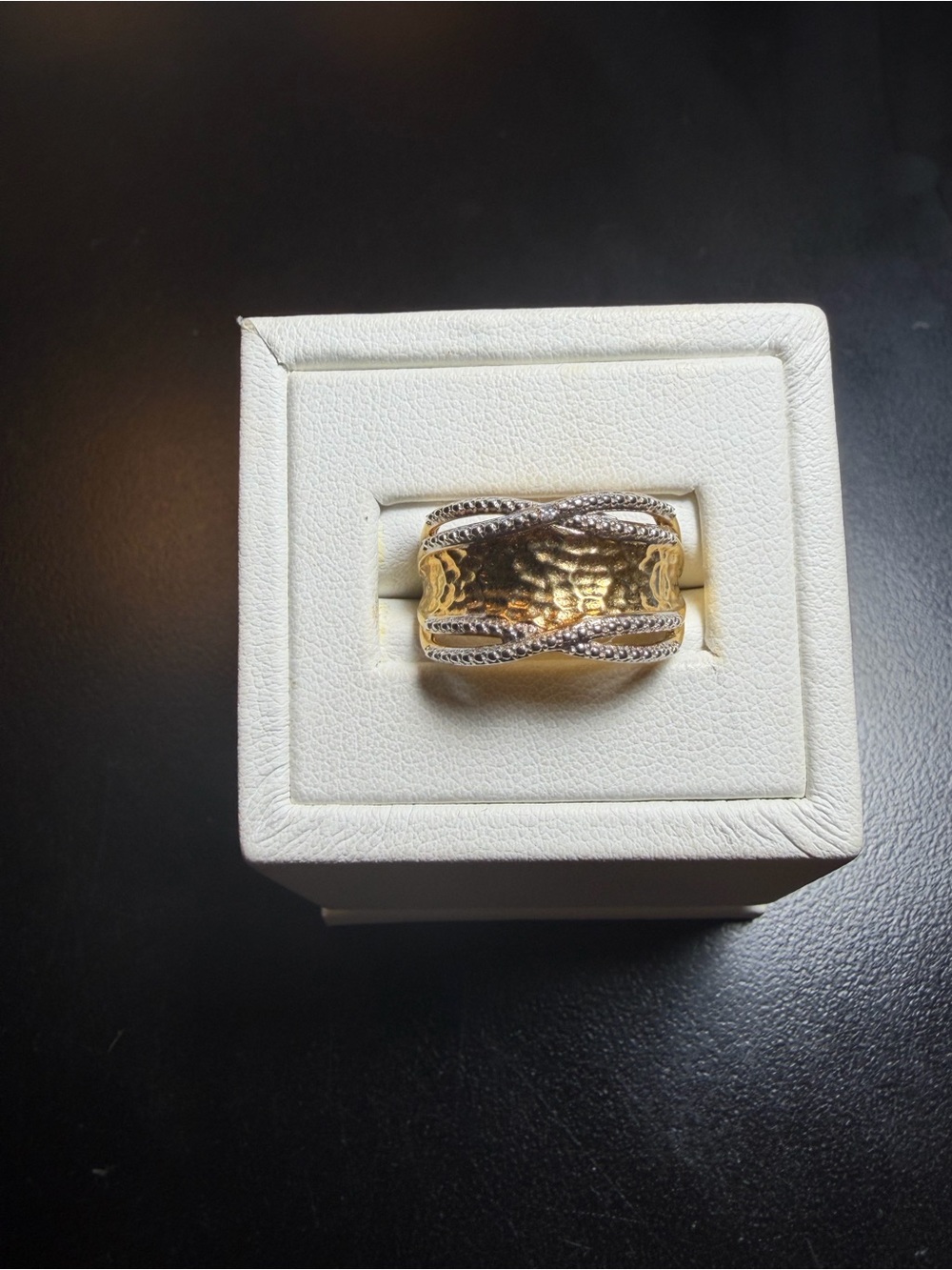 925 Sterling Silver Gold-Tone Hammered Wide Band Ring size 6.75